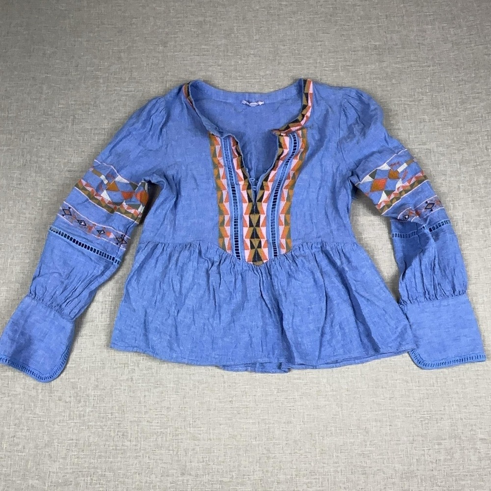 Anthropologie A Loves A Blouse Womens Small V-Neck Bell Sleeve Embroidered Tunic